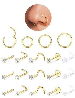 Morfetto Gold Nose Ring Hoops for Women Men,316L Surgical Steel Hypoallergenic Flat Back Gold Nose Stud,Septum Piercing Jewellery,L Shaped Corkscrew Cubic Zirconia Nostril Piercing 20G 18G