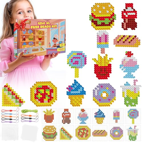 Juego de cuentas grandes de 10 mm, 17 colores, 1250 unidades, XL con placa de conexión, 12 patrones de comida, 8 cordones y 5 papel de planchado, juego de perlas creativas, regalo para niños a partir