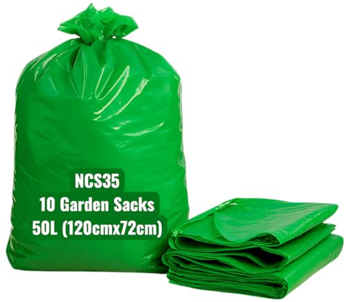 Green Garden Sacks - 1 rollo (10 bolsas, 50 L) NCS35 - Bolsas de basura verdes extragrandes, resistentes, 120 cm x 72 cm, bolsas de basura de jardín 100 % recicladas, ecológicas, para exteriores, para