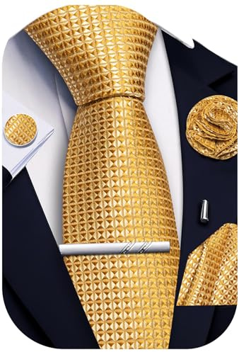 Ailisus Men’s Gold Ties and Pocket Square Set, Plaid Silk Necktie & Handkerchief Lapel Pin Cufflinks Tie Clip for Men Formal Wedding Party