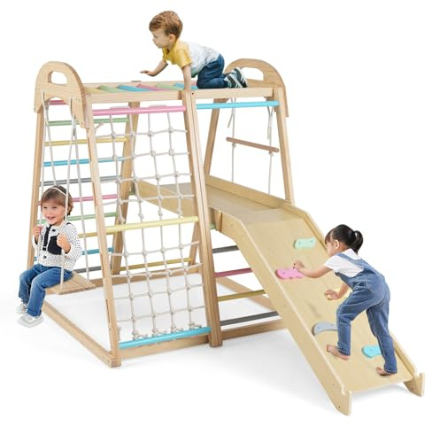 COSTWAY Indoor Climbing Frame for Toddlers, 8 in 1 Wooden Jungle Gym with Double-sided Ramp, Monkey Bar, Swing, Rope Ladder, Climbing Ladder & Net (Multicolor)