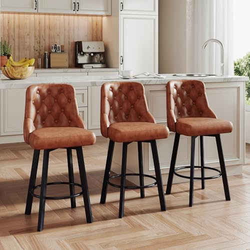 Youhauchair Bar Stools Set of 3, Waterproof PU Leather, Brown | 9 cm thick seat, 360° Rotating, Seat Height 66.5 cm, Load Capacity 150 kg, with Footrest
