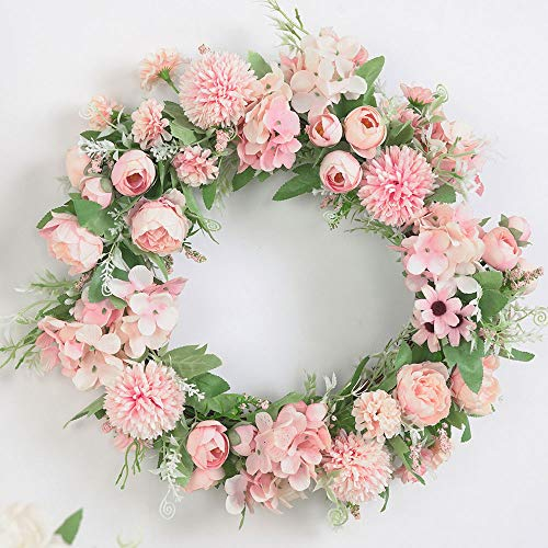 SUREH Couronne de pivoines artificielles en soie avec feuilles vertes - 39,9 cm - Couronne de porte d'entrée - Pour mariage, décoration murale, maison
