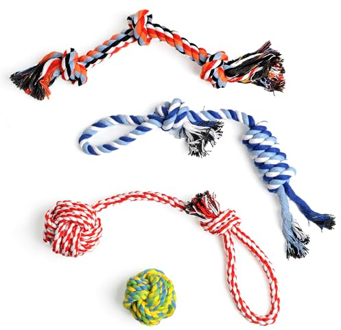 TwoEar Dog Rope Toy 4 Pack - Puppy Teething Toys for Small Breed - Indestructible Dog Chew Toys for Aggressive Chewers - Cotton Tug of War Dog Toys for Boredom, Teeth Clean