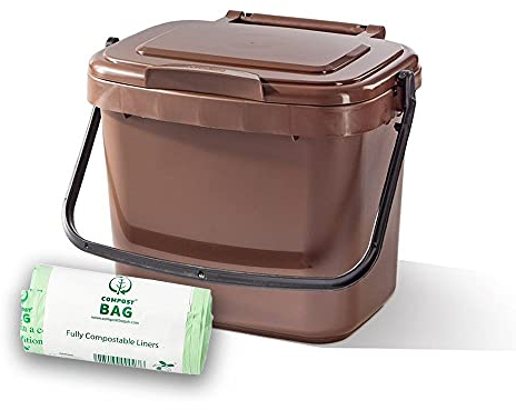 Original Organics 5 Litre Green Kitchen & Kerbside Food Waste Caddy Bin with Lid and Carry Handle Includes 25 Compostable Bin Liners Compact Compost Caddy for Daily Food Waste Recycling Under Sink Use