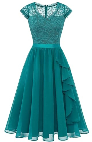 Wedtrend Robe de cocktail élégante pour femme - Longueur genou - Robe de soirée élégante pour mariage - Ligne A - Robe à volants, Vert paon, XL