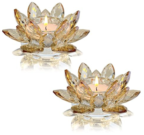 Kolnlala Crystal Lotus Flower Tealight Candle Holders/Glass Tea Light Candlestick Decor Decoration for Christmas Home Wedding Party… (1, Gold 2pcs)