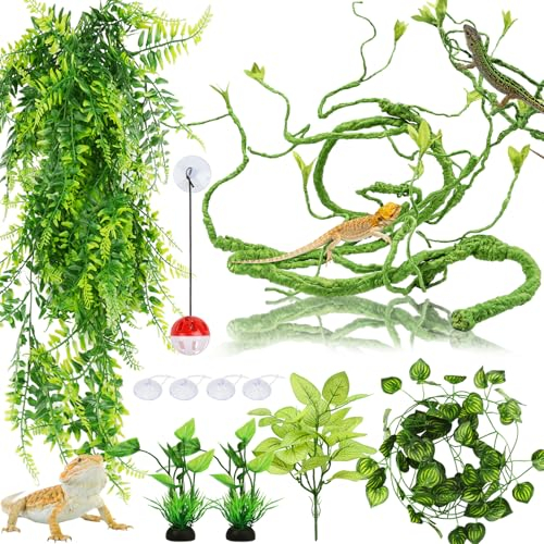 QUOZUO Bearded Dragon Accessories, Terrarium Hanging Plant Vines, Reptile Plants, Bearded Dragon Toys Ball with Bells, Leopard Gecko Tank Accessories for Bearded Dragon Lizard Snake Chameleon