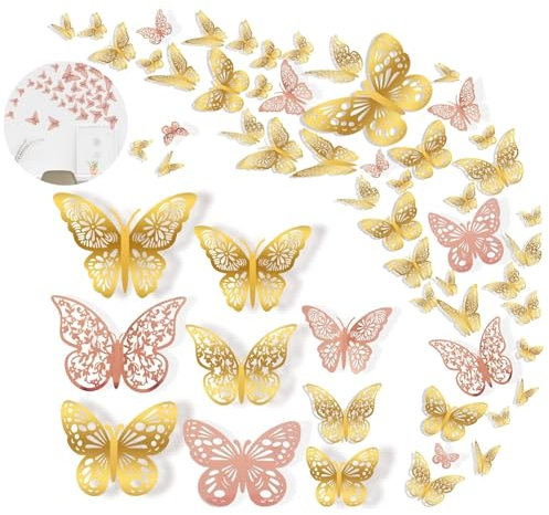 72 PCS 3D Butterfly Wall Decor, Gold and Rose Gold Stickers - 3 Styles 3 Sizes Removable Decals, Cupcake Toppers for Wedding Birthday Party, Girls Bedroom Decoration