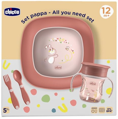 Chicco Set Pappa Svezzamento 12M+ Completo, Kit con Tazza, Ciotola e Piatto Piano Antiscivolo, Forchetta e Cucchiaio Ergonomici, Stoviglie Bambina Colore Rosa, Idea Regalo 0% BPA