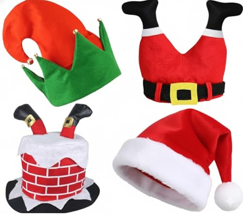 Novelty Christmas Pack Exclusive 4 Pack Hats –Adult Elf Hat with Bells, Chimney with Santa Legs, Red Velvet Santa Hat | Fun Festive Hats for Adults & Kids | Holiday Party, Office Xmas Accessories