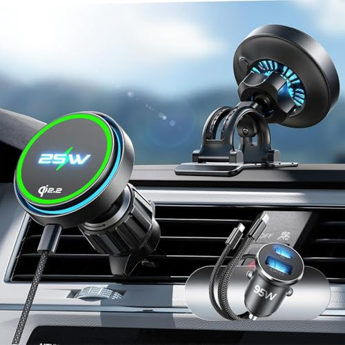 LISEN Handyhalterung Auto mit Ladefunktion - [Qi2.2 & 25W] [Top-Ausstattung] mit Kühllüfter & 95W Custom-Adapter, für Magsafe Autohalterung für iPhone 17 Pro Max Air 16-12 Series, Galaxy S25 Ultra