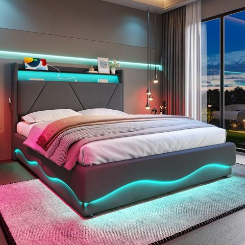 Ball & Cast 4ft6 Upholstered Double Bed with LED Headboard, Hydraulic Storage Bed, Quiet Gas-Lift Slatted Storage Base & USB Ports, Fabric Platform Bed with Shelves, Side Pockets, 135x190cm, Dark Gray