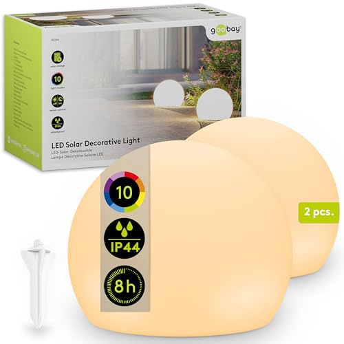 goobay Set de 2 Lámparas solar LED RGB 20 cm para jardín y exterior, esferas IP44 impermeables, luz ambiental con 10 modos, resistente a la intemperie, ideales para terraza y balcón, con estaca