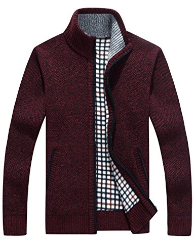 Yeokou Men's Casual Slim Full Zip Thick Knitted Cardigan Sweaters with Pockets (Small, Wine Red001)