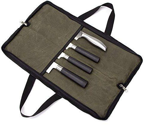 QEES 4 Fächer Messerspeicher, Messertaschen für Küchenmesser Klein, Messertasche für Köche, Küchenwerkzeugtasche für Küchenmesserset (Armeegrün)