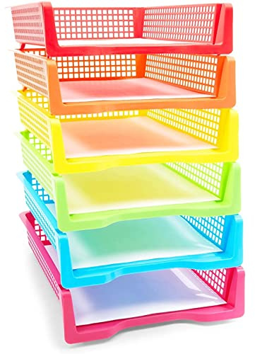 Set of 6 Rainbow Turn In Trays for Teachers, Plastic Classroom Paper Organisers, Colourful Storage Baskets for Office (10 x 3 x 13 In)