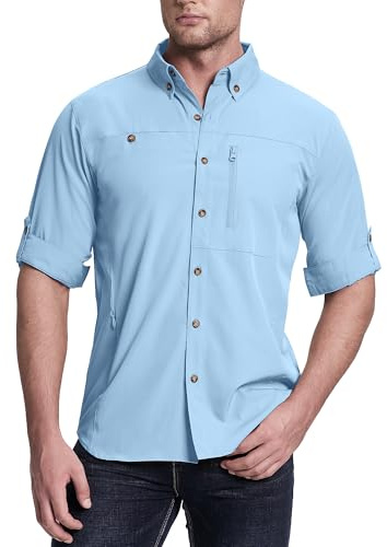 33.000ft Chemise de sport pour homme,Manches longues,Séchage rapide,Légère,Fonctionnelle,Respirante,50+,Protection UV,Avec poches,Chemise de travail pour la pêche, la randonnée, bleu clair, M