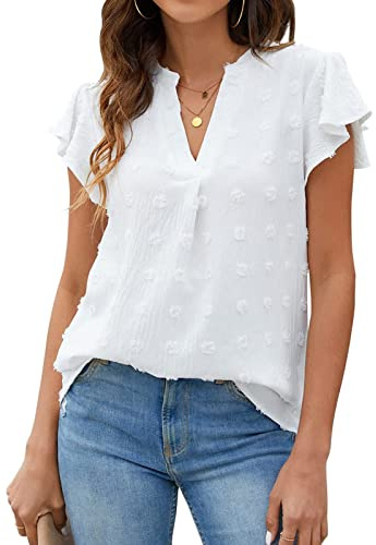 Ejoyous Blus damer chiffong kortärmad, v-ringad blus damer spets toppar chiffongskjorta casual toppar t-shirt toppar volangärmar (M-vit)