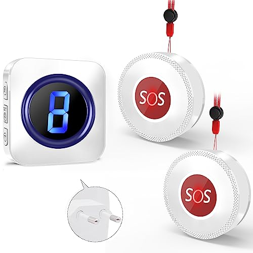 Wireless Pulsante Chiamata Emergenza, Wireless Allarme Sicurezza Cercapersone, Sistema Assistenza per Anziani Pazienti Bambini, 2 Trasmettitore SOS per Paziente Anziano nel Sistema