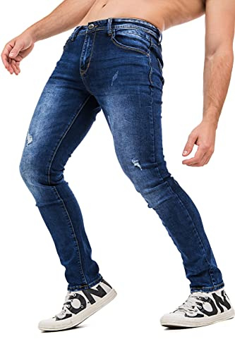 Instinct I Jeans Uomo Slim Fit Strappati Blu – Denim Elasticizzato Effetto Vintage – vestibilità Aderente Stile Streetwear – Pantaloni Uomo Trendy – Look Casual e Sportivo 44, Blu HA-105