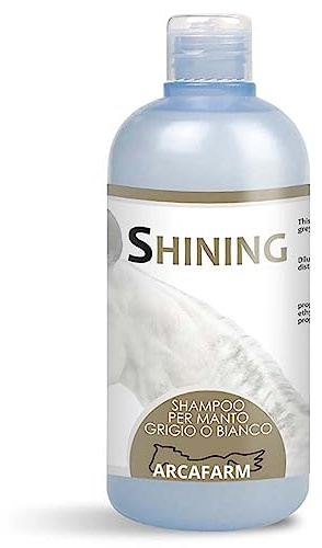 SHAMPOO PER CAVALLI GRIGIO O BIANCO 500 ml SHINING azione efficace anti-giallo elimina macchie, adatto a tutti i tipi di manti grigi bianchi chiari, per coda e criniera - 100% Made in Italy