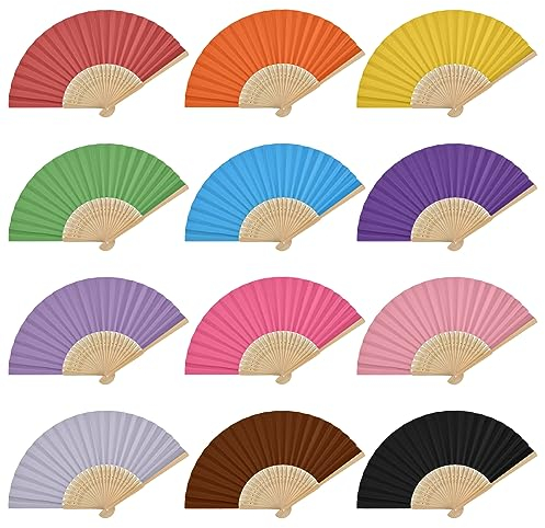 12 Pcs Paper Fans Coloured, Fan Handheld Folding, Chinese Fan Bamboo Small, 21x2.8x1cm, Hand Held Fans Bulk for Women, Foldable Wedding Fan for Guest Bride DIY Craft Wall Decorations Party Gifts (A)
