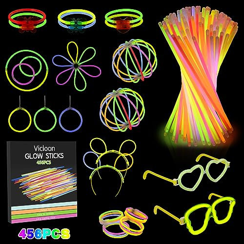 Vicloon Braccialetti Luminosi, 456 Pezzi Glowsticks Party con Connettori per Creare Bracciali e Occhiali, Braccialetti Luminosi Fluorescenti Bagliore Colorato Bastoni Bulk per Party, Feste e Carnevale