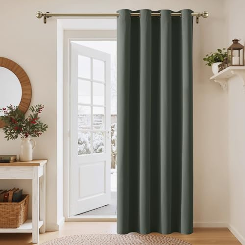 PONY DANCE Thermal Blackout Door Curtain, Grey Green, W52 x L84 Inch | Eyelet Long Single Curtain & Drape for Privacy & Noise Reduction in Living Room, Bedroom & Patio Door, 84 Inch Drop, 1 Panel