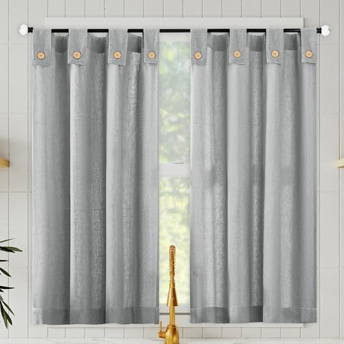 Archaeo Cotton Blend Button Tab Top Curtains, Cafe Curtain Pair, 54 x 36, Gray