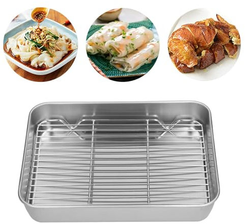 Roasting Pan, Toaster Oven Pan Tray Baking Sheet Pan Stainless Steel Toaster Ovenware Pan Mini Baking Pan Tray with Rack for Roasting Cooling (23.5 * 17.5 * 5CM)