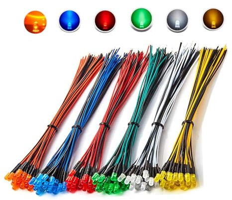 HUAZIZ 90 st 12 V LED-dioder kit 5 mm, förkopplad, emission 6 färger DC 12 volt ljus LED-diod spridningsljusstyrka vit/röd/gul/grön/blå/orange/rund med motstånd och tråd
