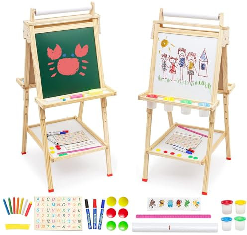 Kinder Staffelei 3 in 1 Holz Kunst Staffelei Höhenverstellbar Standtafel Maltafel Stehend mit Papierrolle Doppelseitige Kreidetafel und Whiteboard Ablagefach Buchstaben Zahlen und Anderes Zubehör