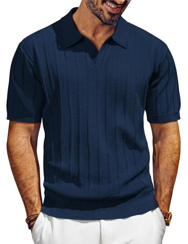 PJ PAUL JONES Polo de manga corta para hombre, cuello en V, polo de golf, texturizado, camisas de verano, azul marino, L
