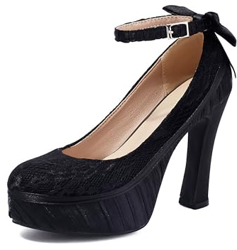 elerhythm Chaussures Mary Jane pour femme Punk Bout fermé Pointu Fleur Élégante Gothique Escarpins avec Nœud Sucré Plateforme à Talons Hauts, Noir , 39 EU