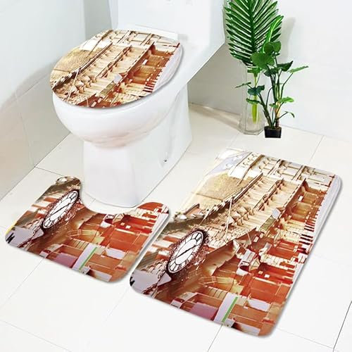 Badezimmerteppich Retro Rot Beige WC Vorleger mit Ausschnitt WC Deckelbezug 3 Teiliges WC Teppich rutschfeste Badgarnitur U förmiger Badematte Waschbar Bad Teppiche Set 50x80 cm