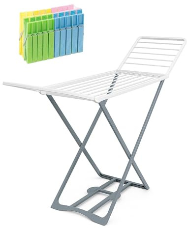 JARDIN202 - Tendedero Plegable de Resina para Ropa – 20m de Tendido con 20 Pinzas Incluidas – Tendedero de Colada Bicolor Blanco y Gris | Blanco