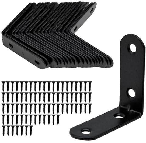 Mudoulu Juego de 20 Soportes en L de Acero con 80 Tornillos, Escuadras Metálicas Negras Reforzadas para Estanterías, Muebles, Pared y Proyectos de Bricolaje