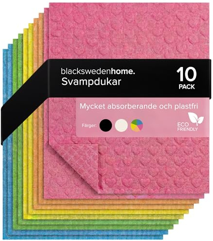 blackswedenhome. Svarta diskdukar (flerfärgade) – 10-pack svenska diskdukar av bomull och cellulosa – svampdukar för köket, hållbara och återanvändbara köksdukar