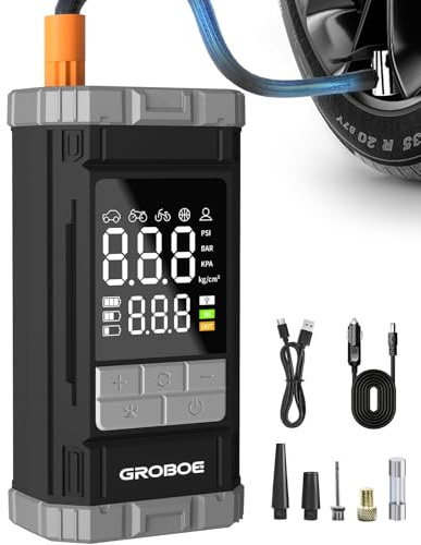 GROBOE Tyre Inflator Air Compressor Portable Car Tyre Pump Cordless Car Air Pump with Digital Pressure Gauge 12V DC 150PSI Rechargeable Electric Bike Pump with Auto Shutoff for Bike Motorcycle Ball