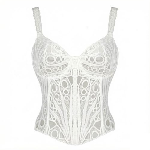 Generisch Corset élégant en dentelle superposé avec détails en os et imprimé floral pour un corsage sous la poitrine séduisant, Blanc., S