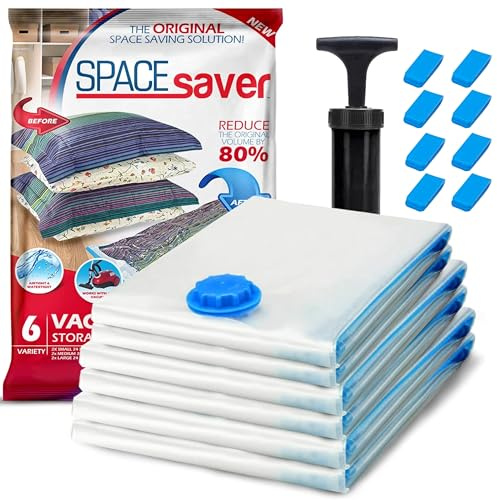6 Pack Variety Vacuum Storage Bags for Comforters, Blankets & Clothes – Vacuum Sealed Compression Bags with Hand Pump – Space Saver Storage Bags for Bedding,Moving, Travel & Organization (2S, 2M & 2L)