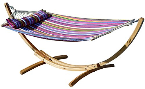 AS-S 320cm Hängemattengestell Limited Edition Blanca-LIM-PINK Hängematte mit Gestell aus Holz Lärche Natur mit Stabhängematte pink gestreift gefüttert und Polster Schrauben aus Edelstahl