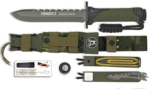 K25 Coltello Thunder II Camo Verde 17 per Caccia, Pesca, Campeggio, Outdoor, Sopravvivenza e Bushcraft K25 32134 + Portabottiglie in omaggio.