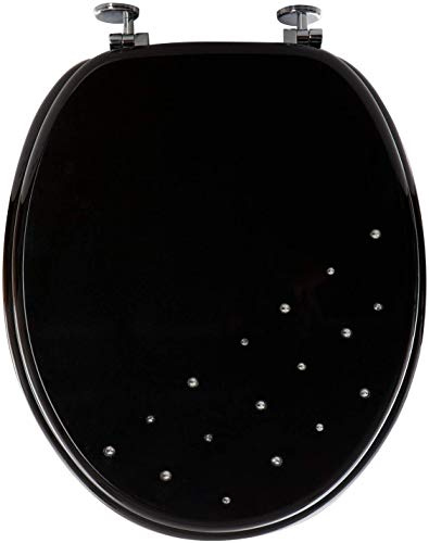Luxury Diamante Wooden MDF WC Toilet SEAT with Chrome Hinges (Black)