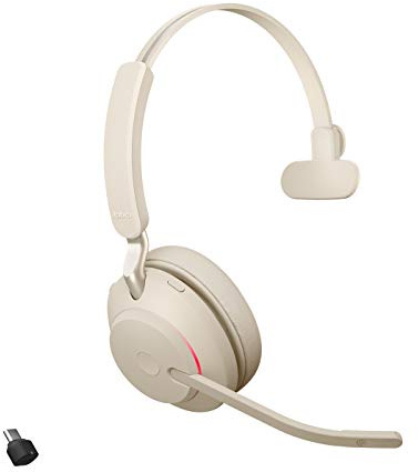 Jabra Evolve2 65 Casque PC sans Fil - Casque Mono Écouteurs Certifié UC avec Annulation du Bruit et Batterie Longue Durée - Adaptateur Bluetooth USB-C - Beige