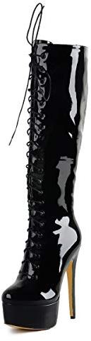 Only maker Damen Kniehoch Stiefel Plateau Schnürstiefel Langschaft mit Stiletto Absatz Reißverschluss Lack Schwarz 41 EU