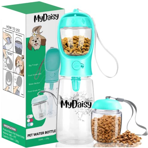 MYDAISY Spülmaschinenfest Trinkflasche Hunde für Unterwegs 550ml mit 100g Futterbehälter - Auslaufsichere Hunde Trinkflasche Geeignet für Hunde und Welpen - Hundezubehör to Go