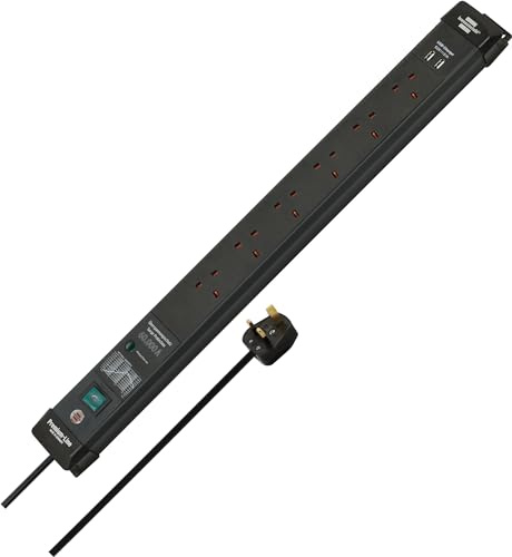 Brennenstuhl Premium-Line, 6-vägs förlängningssladd med överspänningsskydd 60 000 A (USB-laddare och 3 m kabel) - svart
