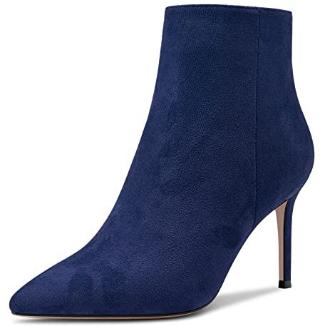Aachcol Donna Stivaletti Chiusa a Punta Slip-on Spillo Alto High Tacco Heel Scamosciato Cerniera Blu Navy 8.5 CM 36 EU
